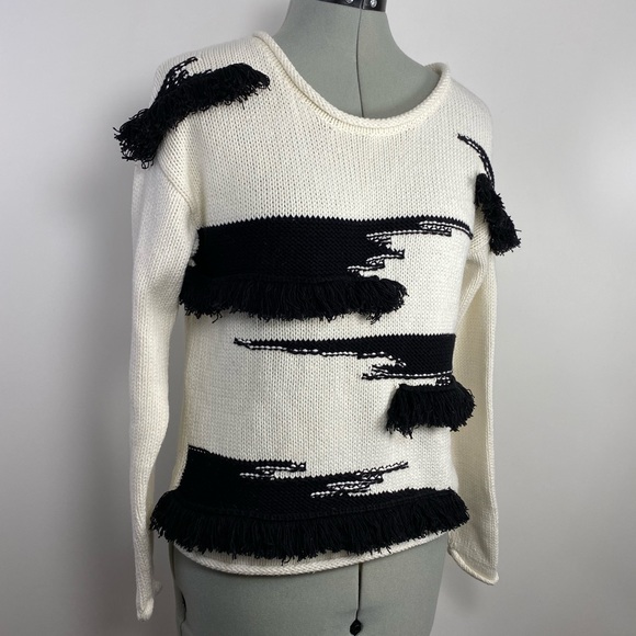 Anthropologie Tracy Reese Plenty Fringe Pullover Sweater Black White Ivory Small - Picture 1 of 9
